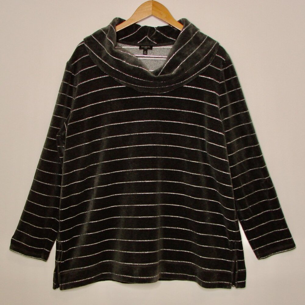 Talbots Gray Velvet Tunic Top Luxe Cowl Neck Silver Metallic Stripe Plus Size 2X